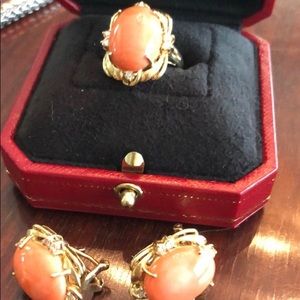14K Mediterranean angel hair Coral Ring & Earrings: